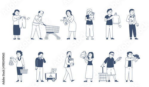People on shopping. Customers choose fresh food, interior decor, clothes and devices. Man woman holding paper bags with vegetables, recent vector clipart