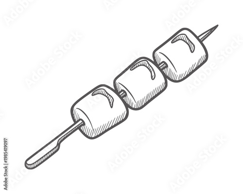 Hand drawn of three marshmallows a skewer food sweet dessert