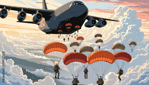 A military airplane dropping parachuters into the cloudy sky during a vibrant sunset