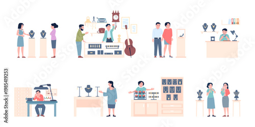 Jeweler and customers. Shopping in jewelry store, looking accessories in showcases. Handmade rings, necklace, flat pawnshop worker, recent vector scenes