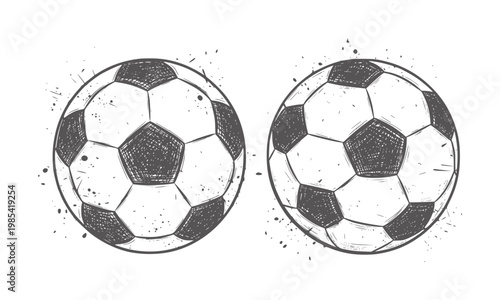 Two hand drawn soccer balls with ink splatters football sport game