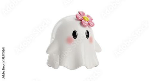 Cute White Ghost with Pink Flower