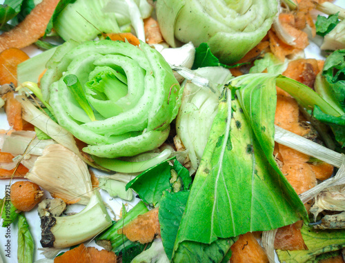 Close-up of Organic Vegetable Scraps and Kitchen Waste for Composting – Concept of Zero Waste, Sustainability, and Eco-Friendly Organic Recycling with Bok Choy and Carrot Peels