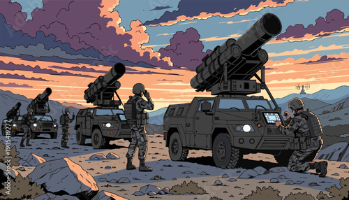 A vector graphic illustration of military personnel operating missile launchers in a desert landscape at sunset