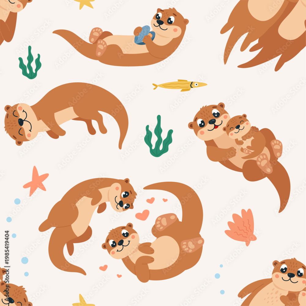 Fototapeta premium Otters seamless pattern. Funny water river animals, cartoon swimming otter, seashell and seaweed. Decorative print for wallpaper, fabric design, classy vector background