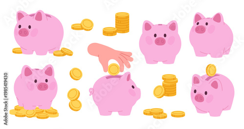 Cute piggy bank set. Pink pig banks and golden coins. Saving money, financial literacy for children and adults and accumulation. Investments, racy vector set