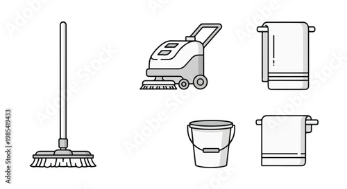 Line drawing of cleaning tools including a broom, vacuum, bucket, and towels on a white background.
