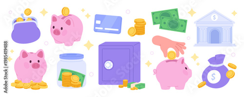 Finance and money savings elements. Financial literacy, saving and investment. Bank building icon, credit debit card, pig bank and wallet with gold coin, racy vector clipart