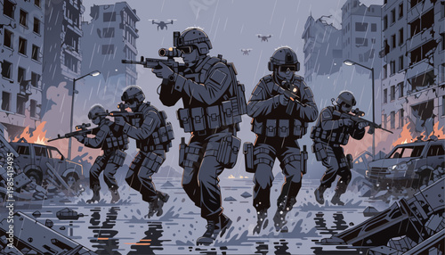 A group of soldiers in tactical gear advancing through a war-torn cityscape with burning buildings and debris.