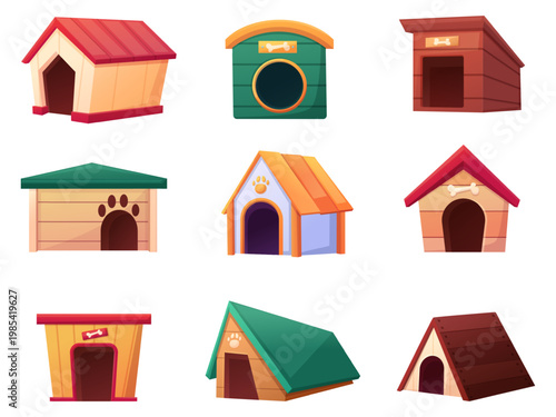 Cartoon dog houses. Different wooden homes for puppy for backyard, outdoor elements. Pet shop items, handmade cozy tiny buildings for pets, nowaday vector set
