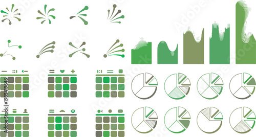 Green business infographic elements including charts and graphs icons  various statistical and data analysis visualizations