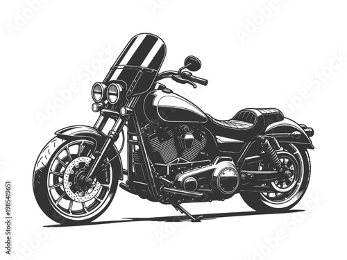 classic cruiser motorcycle, showcasing retro design, powerful engine, and custom styling for transport and lifestyle themes sketch engraving generative ai vector illustration. Black and white image.