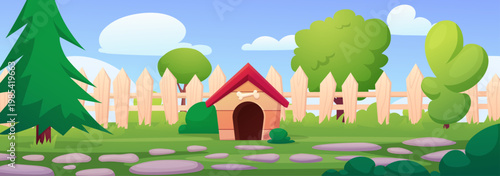 Backyard with dog house. Wooden pet home stand outdoor. Stone way, green tree and plants, fence. Cozy personal house garden, nowaday vector scene