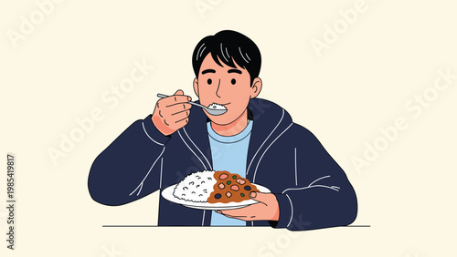 Illustration of a young man in a dark blue hoodie enjoying a plate of Japanese curry rice with a spoon in a simple and clean drawing style.