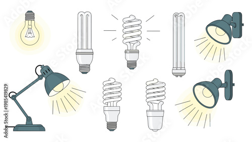 Diverse collection of lighting equipment including incandescent bulbs, led lamps, fluorescent tubes, and desk lamps for home and office use.