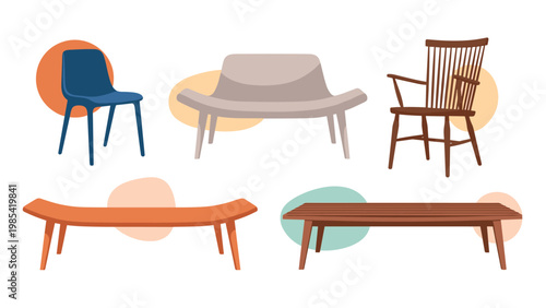 Set of modern furniture pieces featuring various designs of chairs, benches, and armchairs with minimalist style for interior design concepts.