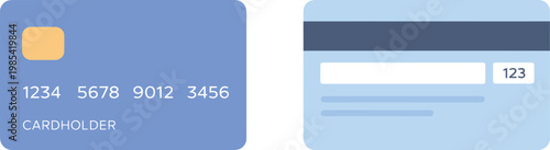 Front and back view of a blue credit card with magnetic stripe, payment method