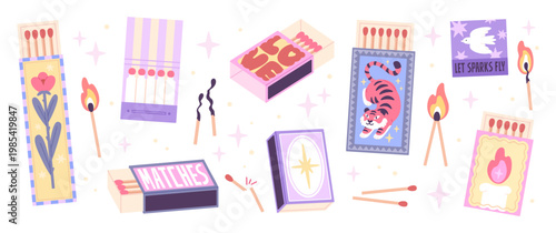 Cartoon matchboxes. Burning matches, vintage matchbox design. Flame and fire, sparkles, wooden sticks. Stylish elements for travel, tourism, racy vector set