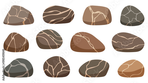 Collection of smooth river stones and pebbles with various shapes, sizes, and natural vein patterns isolated on a clean white background.