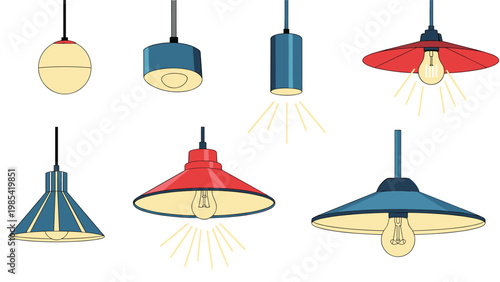 Set of modern industrial hanging pendant lamps and ceiling lights in various shapes and colors like red and blue for interior lighting design.