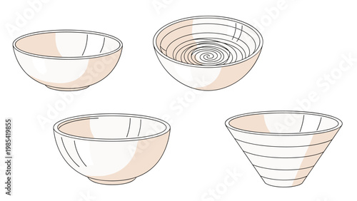 Set of various ceramic bowls with different shapes, depths, and decorative line patterns for kitchenware and interior design inspiration.