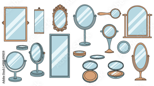 Extensive collection of various mirrors featuring wall mirrors, standing table mirrors, hand mirrors, and pocket compacts for grooming and decor.