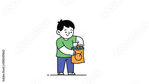 Cute cartoon illustration of a young boy wearing a green t-shirt and blue pants happily eating potato chips from an orange snack bag.