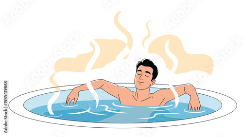 Content man enjoying a relaxing soak in a steaming outdoor hot tub or whirlpool bath with heat rising from the blue water.