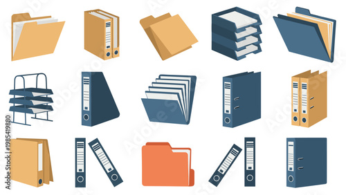 Comprehensive set of office organizational tools including file folders, ring binders, paper trays, and document holders in tan and blue colors.