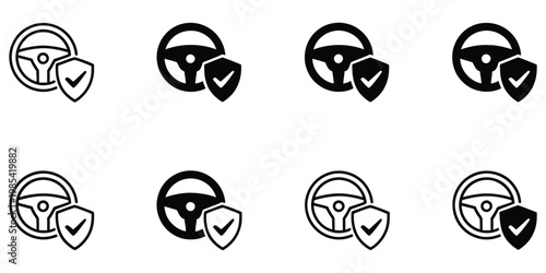 Driver safety icons set collection featuring seatbelt symbols, speed limit warnings, road awareness signs, defensive driving indicators, accident prevention graphics, modern minimal vector design
