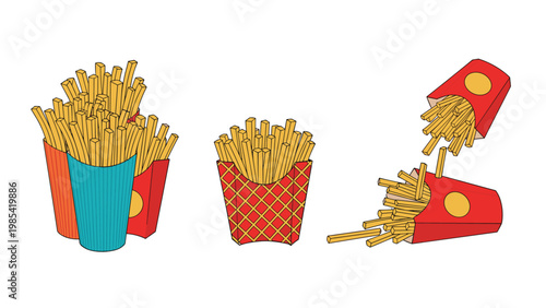 Collection of various packaging designs for French fries including classic red boxes, colorful paper bags, and spilled fries for fast food themes.