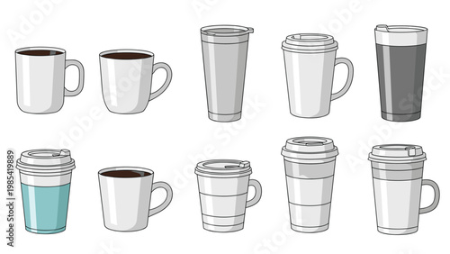 Diverse set of coffee containers including ceramic mugs with handles, travel tumblers, and disposable takeaway cups with lids for hot beverages.