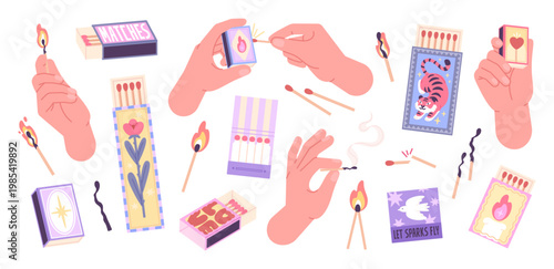 Wooden matches. Hand with burning match, wood sticks and fire. Stylish trendy matchboxes with different design. Household accessories, racy vector set