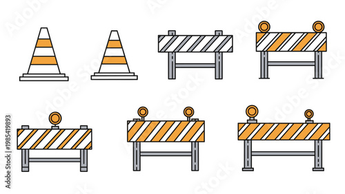 Collection of traffic safety equipment including orange and white traffic cones and various road construction barriers with warning lights.