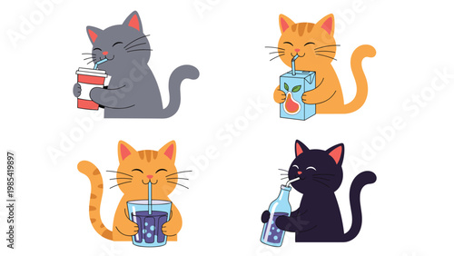 Another set of cute cartoon cats enjoying various drinks like coffee, juice, and soda from cups, bottles, and boxes with colorful designs.