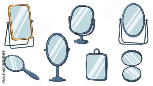 Selection of various mirrors featuring different frame shapes and styles including standing mirrors, wall mirrors, and hand mirrors for reflection.
