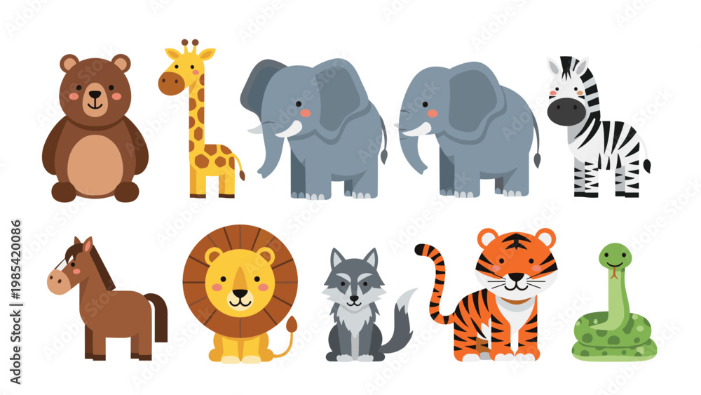 Fototapeta premium Set of adorable cartoon zoo animals including a bear, giraffe, elephants, zebra, horse, lion, wolf, tiger, and snake.