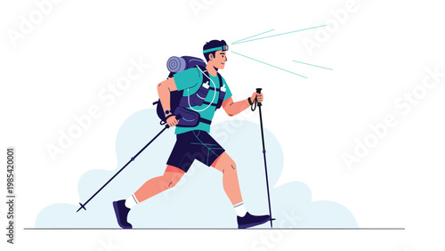 Illustration of a male hiker with a backpack and headlamp using trekking poles for a wilderness adventure.