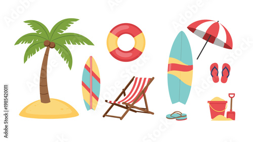 Essential summer beach holiday items including a palm tree, surfboards, lounge chair, lifebuoy, and sand toys.