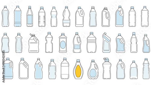 Large set of various plastic bottle outlines and icons for household cleaners, detergents, and beverages.
