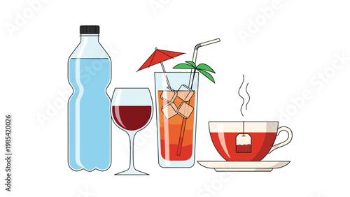 Set of common beverages including a bottle of water, a glass of red wine, a tropical cocktail, and a cup of tea.