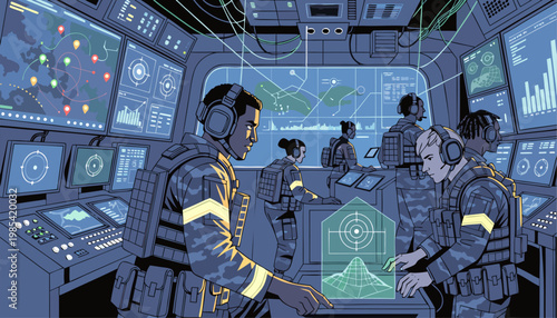 A group of military personnel in a high-tech control room with multiple screens and monitors