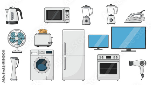 Assorted collection of essential household appliances including a refrigerator, washing machine, microwave, and television.