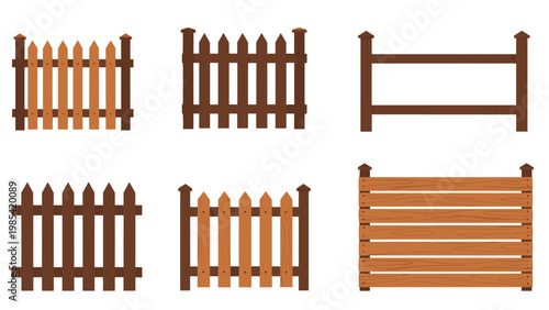 Set of various wooden fence designs including picket fences and solid wood panels for gardens and property borders.