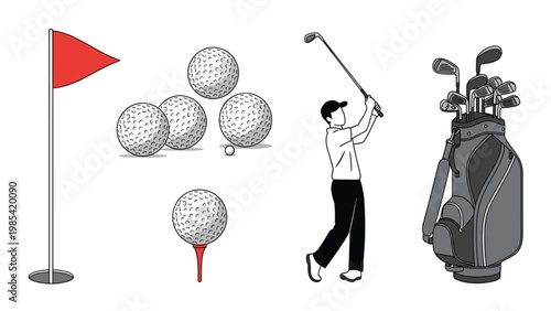 Golf themed illustration featuring a player, golf balls, tees, a golf bag with clubs, and a flag pin.