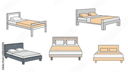 Selection of various bed frame styles including single and double beds with pillows and blankets in a clean design.