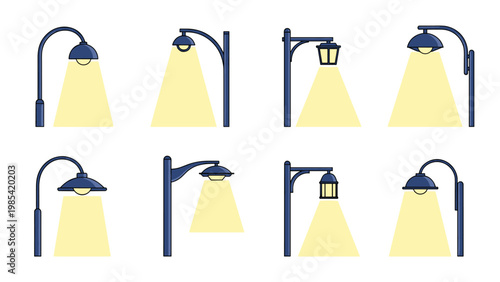 Decorative street lamp assortment features eight different vintage and modern pole designs with glowing yellow light for city night scenes.