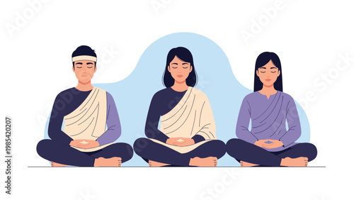 Group of three people sitting in a meditative lotus pose practice mindfulness and relaxation techniques for health and mental well-being.