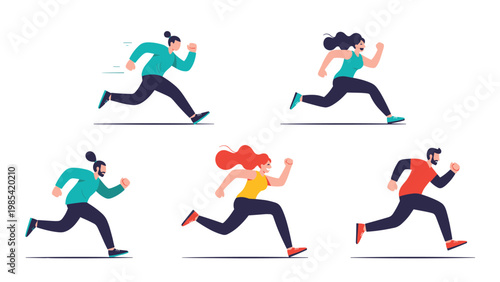 Diverse group of people running in athletic wear represents a healthy lifestyle through jogging and sprinting exercises for fitness themes.