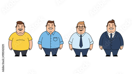 Character set of four men displays a progression of fashion styles from casual t-shirts and shirts to a formal business suit and tie look.